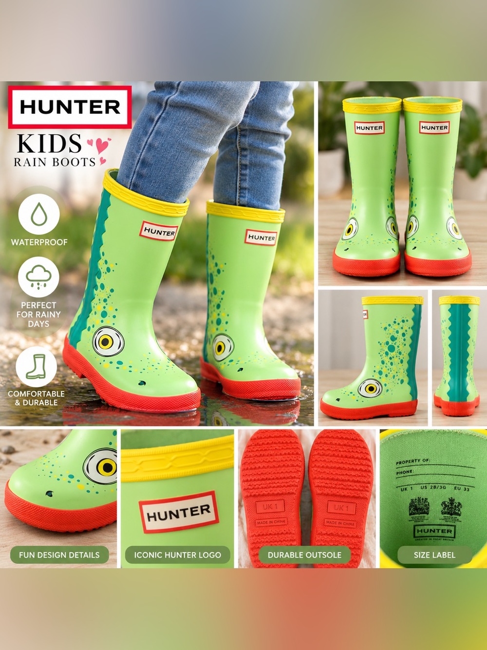Hunter Kids Green Lizard Splash Rain Boots UK 1 US 2B/3G EU 33